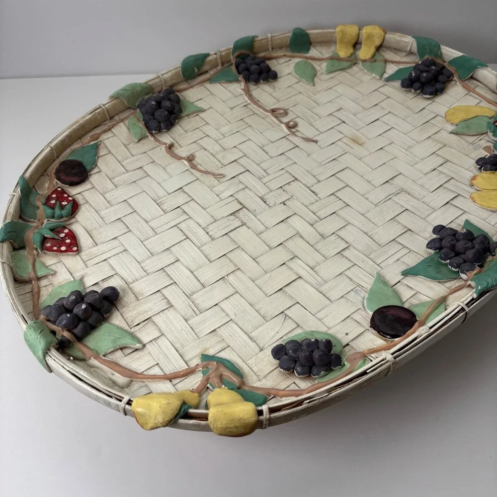 Oval Woven Tray Decorative Fruit Grapes Strawberries Pears‎ Serving Platter VTG